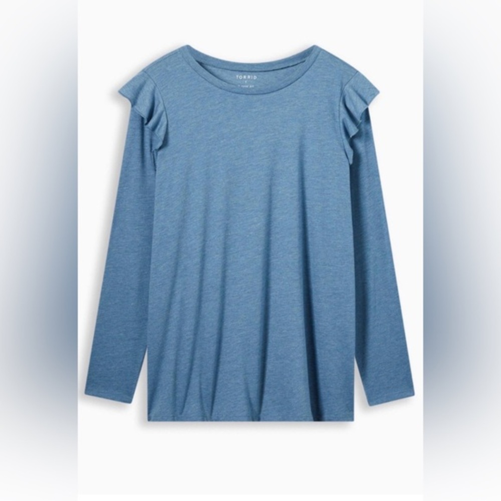 NWT Torrid Blue Long Sleeve T-Shirt w Ruffle Super Soft Poly-Cotton Size 0-L 12